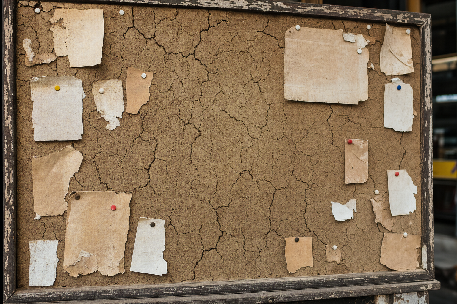 ONE dominant visual idea, readable in 1-2 seconds: A dry, cracked bulletin board covered in old, faded notices with empty spaces where fresh news should be—a vivid metaphor for outdated, neglected content. — Communicate the pain of falling behind on fresh, relevant local content updates—and the stress or missed opportunity it creates for marketers and agencies managing many accounts.