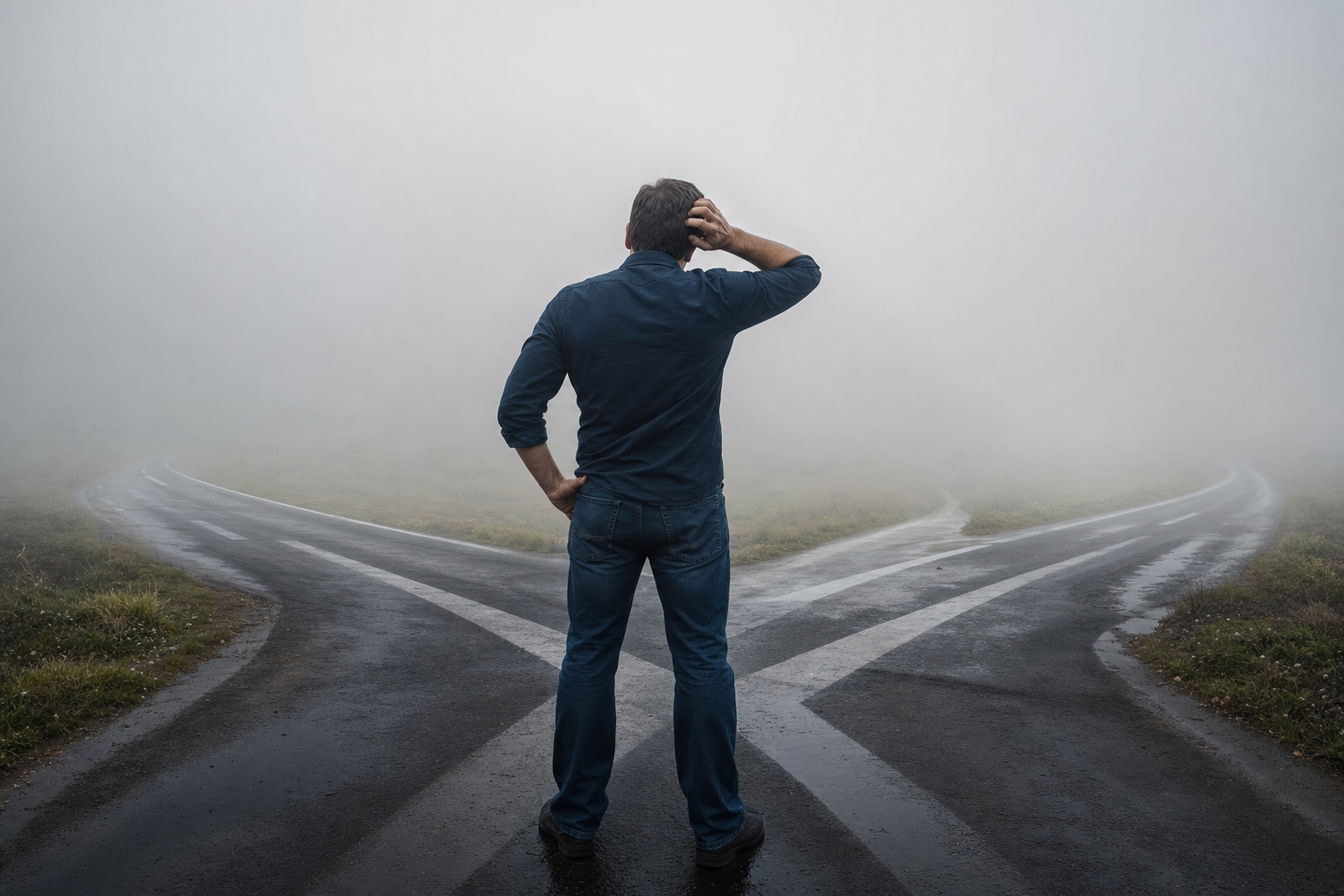 ONE dominant visual idea, readable in 1-2 seconds: A business owner stands at a crossroads, each path labeled for a marketing channel, all disappearing into fog — dramatizing uncertainty about which efforts lead to real customers. — Make the pain visceral: the uncertainty, wasted spend, and unconnected dots between online marketing and offline results.