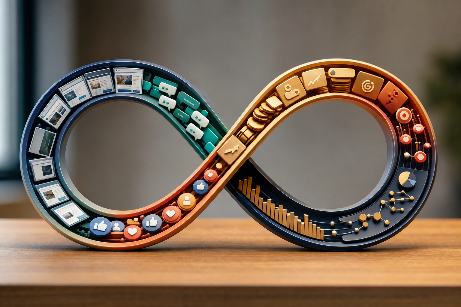 ONE dominant visual idea, readable in 1-2 seconds: A seamless infinity symbol (∞) rendered in physical materials, with different service elements visibly 'flowing' around each loop—each stream visually changing form as it passes through: websites, ads, chats, charts, pins—dramatizing never-ending, all-connected marketing execution. — Showcase the breadth and synergy of LaunchOS services—conveying unity, harmony, and total coverage—without defaulting to cliche service grids or busy UI panels.