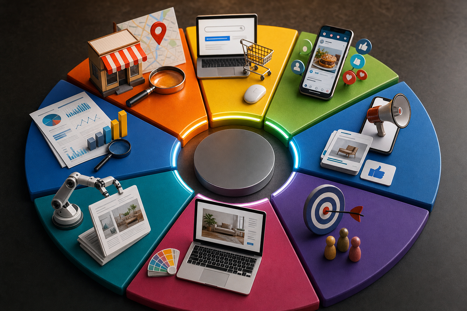 ONE dominant visual idea, readable in 1-2 seconds: A color wheel made of physical marketing outputs—each service is a bright 'slice' or wedge: together, the circle is complete, luminous and seamlessly connected. — Immediately signal the full spectrum of local marketing functions, visually united, each distinct but working as part of a deliberate whole.