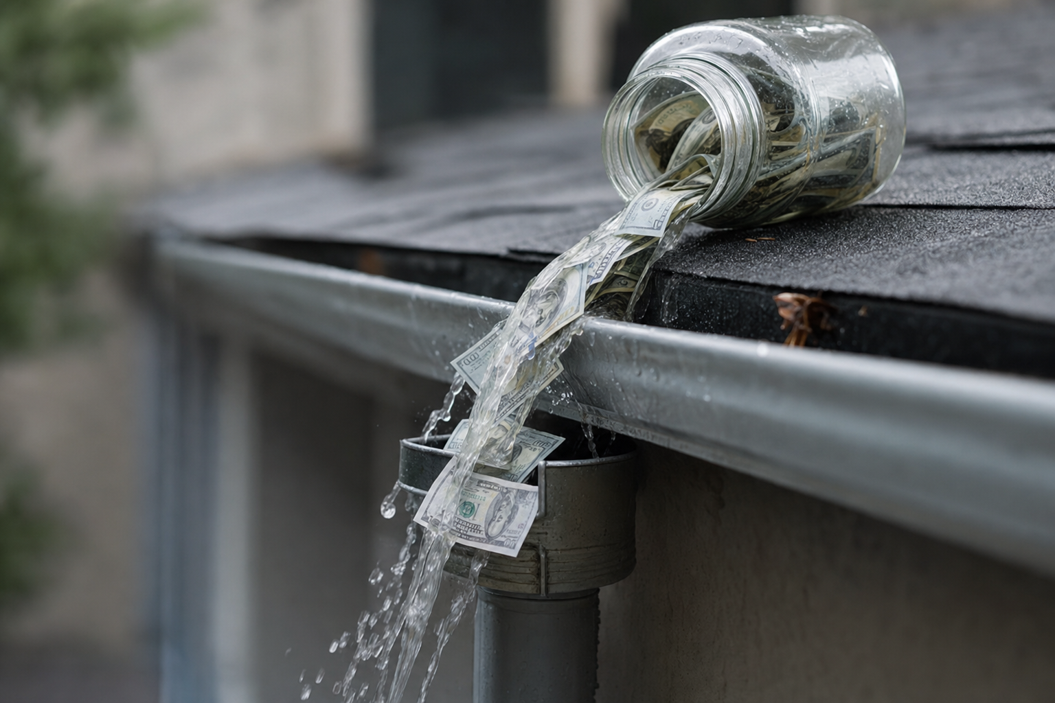 ONE dominant visual idea, readable in 1-2 seconds: A glass jar labeled 'Ad Budget,' full of dollar bills, is tipped over at the edge of a rain gutter—the money spilling out and washing away down the drain. — Make the pain of ineffective ad campaigns tangible. Depict a specific, clear scenario representing the 'before'—wasted opportunity, missed customers, or money ineffectively spent.