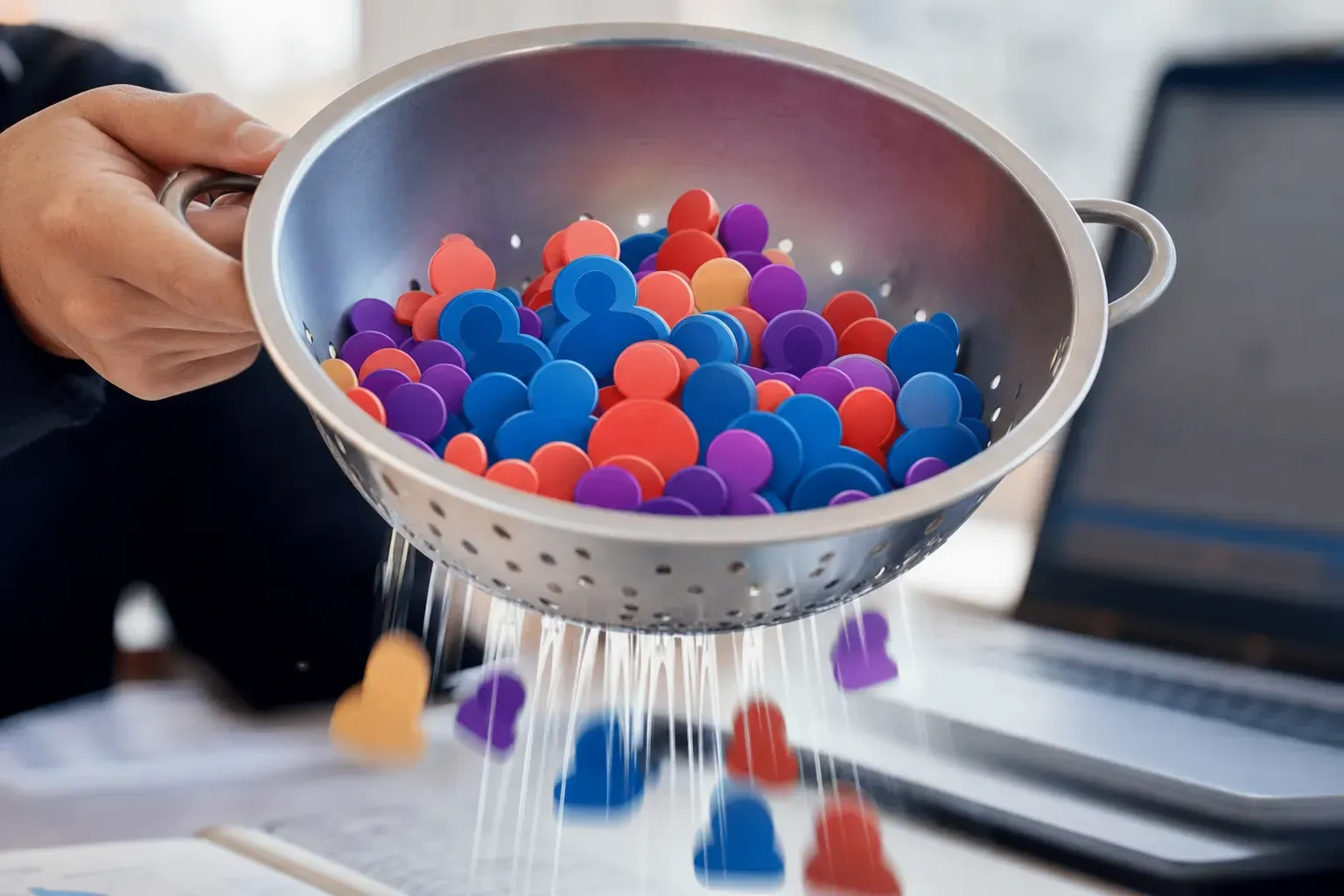 ONE dominant visual idea, readable in 1-2 seconds: A colander or sieve filled with brightly colored tokens (customers), with a stream visibly slipping through the holes. — Visually dramatize classic signals that leads are getting away, translating digital marketing 'leakage' into a scene of visible loss or missed connection.