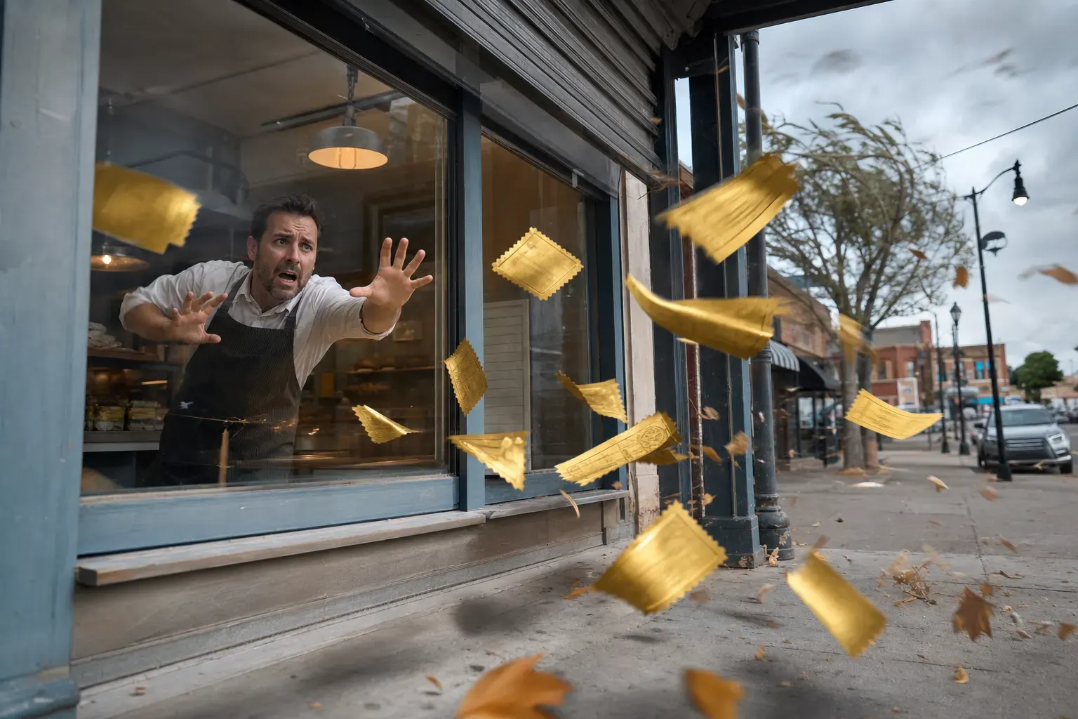 ONE dominant visual idea, readable in 1-2 seconds: A series of unclaimed golden tickets, each labeled 'New Lead!', being blown away in the wind from a closed storefront as a frustrated owner inside scrambles helplessly—the missed-opportunity pain, visualized. — Spotlight the recognizable struggles of fragmented digital advertising by dramatizing the pain points small business owners face before unification.