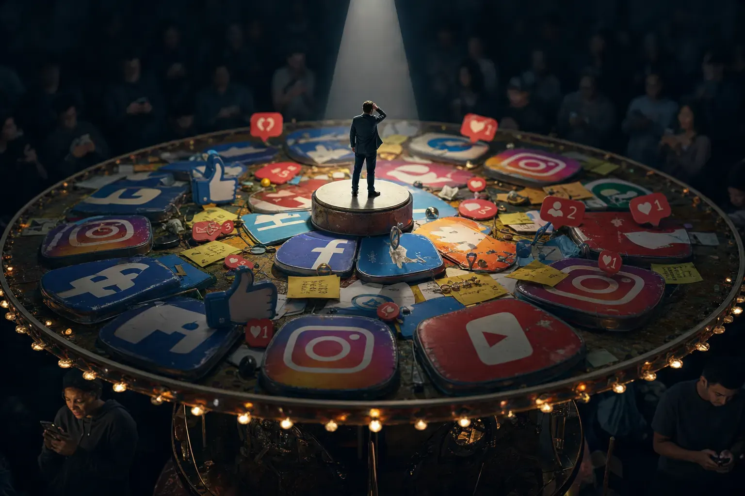 ONE dominant visual idea, readable in 1-2 seconds: A business owner, dwarfed in a small spotlight, stands on a giant, slowly spinning carousel made entirely of warped, over-sized social media icons and missed post-it notes; every symbol flashes overdue, while the crowd in the shadows is barely visible, disengaged. — Make visible the messy, overwhelming reality of trying to stay active on social platforms without help—let the pain of the status quo surface visually, so the solution becomes obvious.