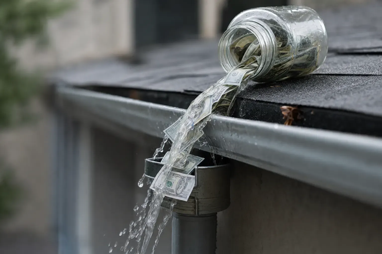 ONE dominant visual idea, readable in 1-2 seconds: A glass jar labeled 'Ad Budget,' full of dollar bills, is tipped over at the edge of a rain gutter—the money spilling out and washing away down the drain. — Make the pain of ineffective ad campaigns tangible. Depict a specific, clear scenario representing the 'before'—wasted opportunity, missed customers, or money ineffectively spent.
