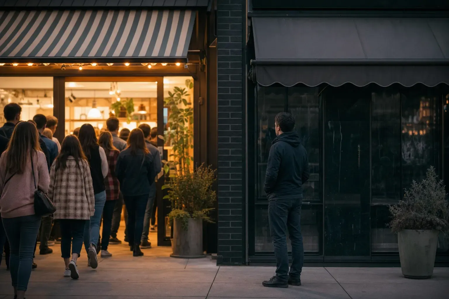 ONE dominant visual idea, readable in 1-2 seconds: A crowd of customers streams toward a glowing, welcoming storefront, while a shadowed, awkward figure waits hopefully in the dark outside a dim business next door—the pain of being unseen. — Instantly dramatize the confusion, invisibility, or missed opportunities that result when local business listings are outdated, inconsistent, or incomplete.