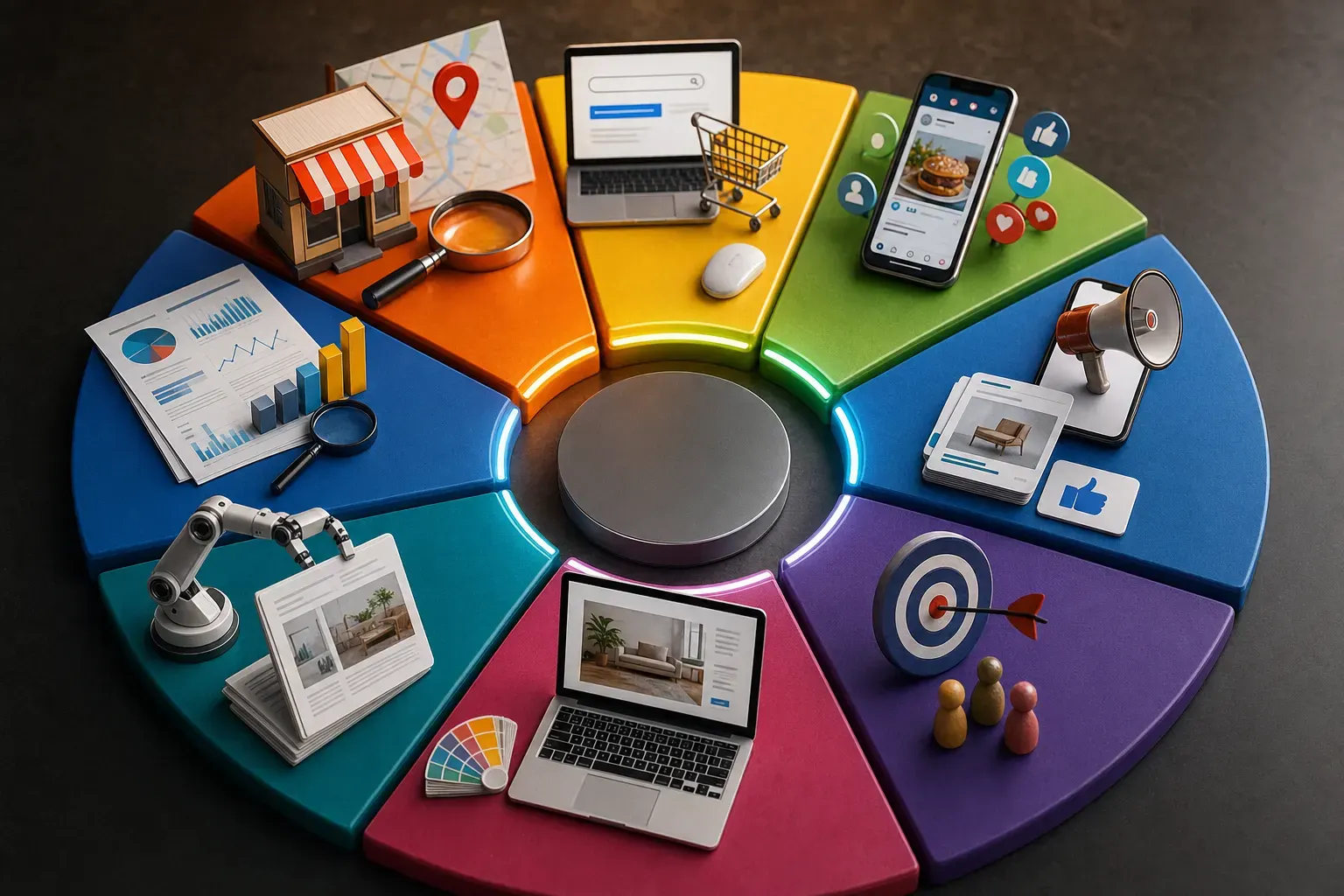 ONE dominant visual idea, readable in 1-2 seconds: A color wheel made of physical marketing outputs—each service is a bright 'slice' or wedge: together, the circle is complete, luminous and seamlessly connected. — Immediately signal the full spectrum of local marketing functions, visually united, each distinct but working as part of a deliberate whole.