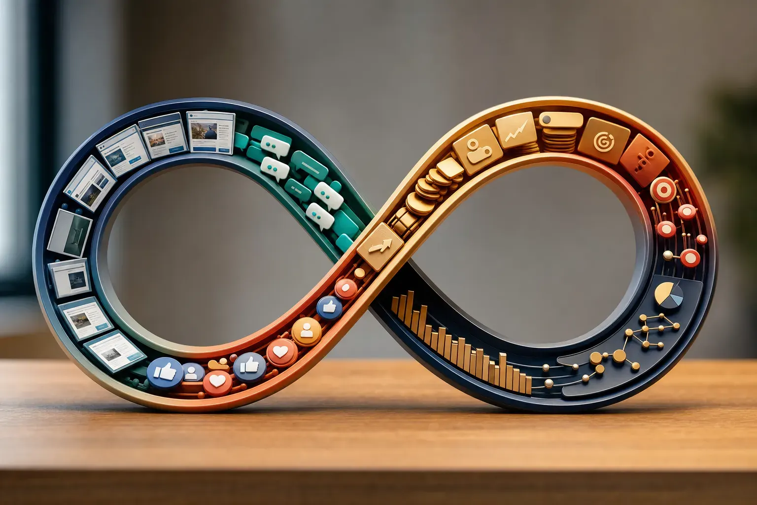 ONE dominant visual idea, readable in 1-2 seconds: A seamless infinity symbol (∞) rendered in physical materials, with different service elements visibly 'flowing' around each loop—each stream visually changing form as it passes through: websites, ads, chats, charts, pins—dramatizing never-ending, all-connected marketing execution. — Showcase the breadth and synergy of LaunchOS services—conveying unity, harmony, and total coverage—without defaulting to cliche service grids or busy UI panels.