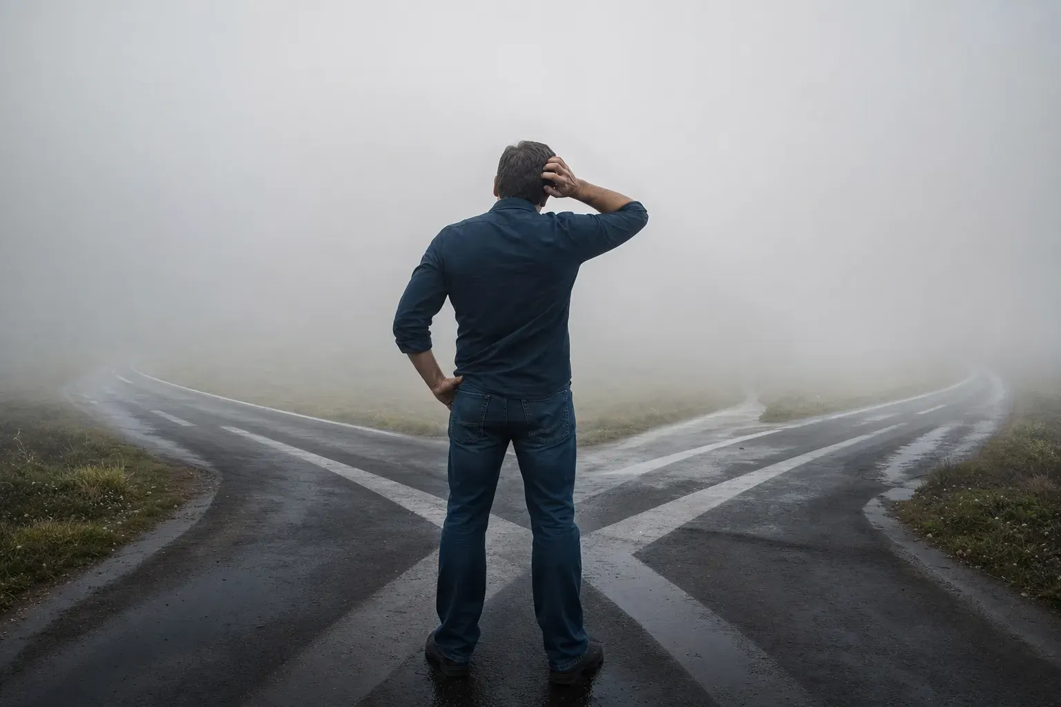 ONE dominant visual idea, readable in 1-2 seconds: A business owner stands at a crossroads, each path labeled for a marketing channel, all disappearing into fog — dramatizing uncertainty about which efforts lead to real customers. — Make the pain visceral: the uncertainty, wasted spend, and unconnected dots between online marketing and offline results.