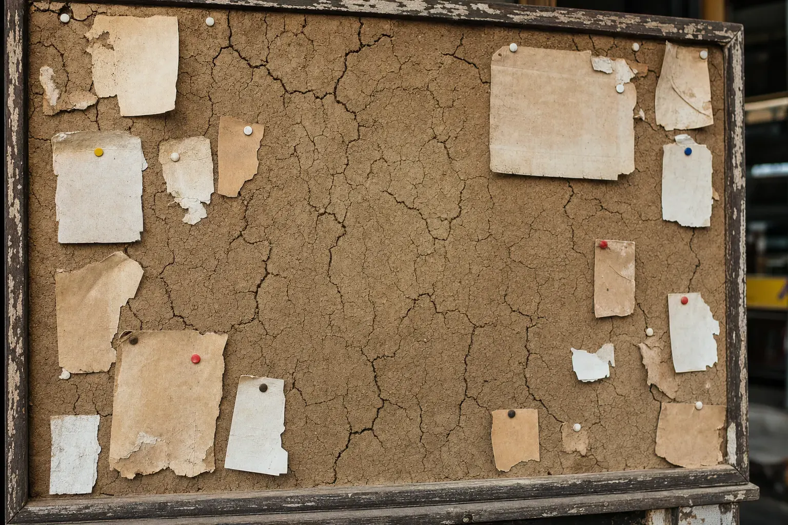 ONE dominant visual idea, readable in 1-2 seconds: A dry, cracked bulletin board covered in old, faded notices with empty spaces where fresh news should be—a vivid metaphor for outdated, neglected content. — Communicate the pain of falling behind on fresh, relevant local content updates—and the stress or missed opportunity it creates for marketers and agencies managing many accounts.