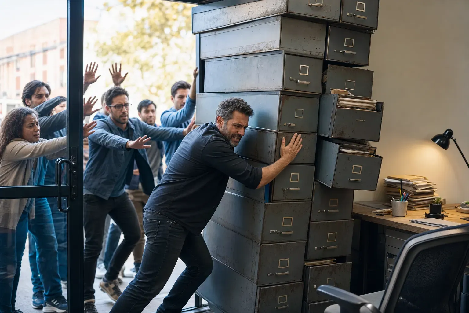 ONE dominant visual idea, readable in 1-2 seconds: A business’s digital front door is blocked by a stack of heavy old filing cabinets; prospects push from outside as the owner strains to clear the way. — Dramatize the buyer’s pain, showing the pressure and missed opportunities of an outdated, underperforming website.