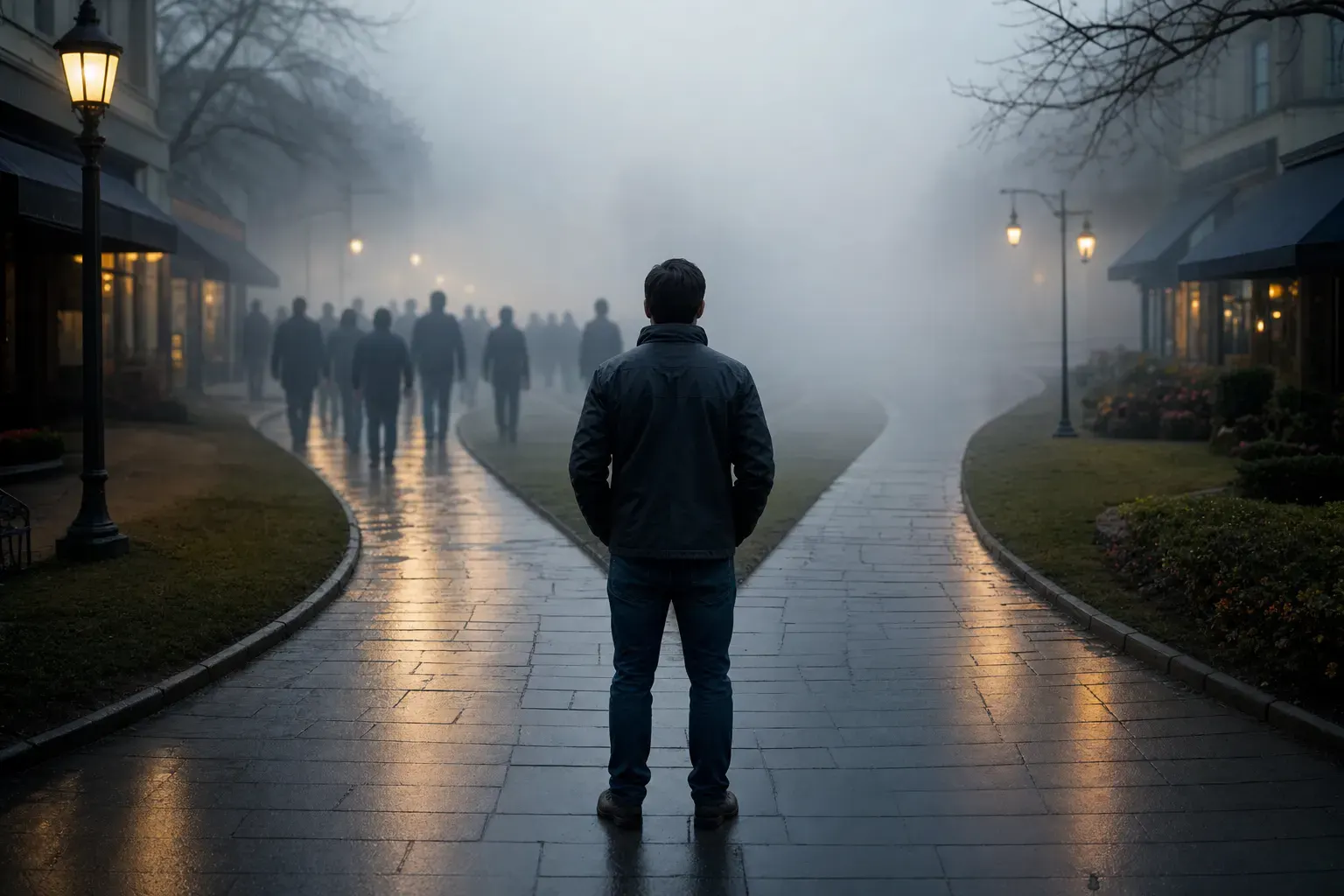 ONE dominant visual idea, readable in 1-2 seconds: A business owner stands at a forked path in a dense fog—one path is crowded with shadowy competitor figures ahead, while the other is obscured, capturing indecision and the risk of the unknown. — Depict the risks and confusion of operating blindly in a competitive local market, highlighting the need for clarity and competitive edge.